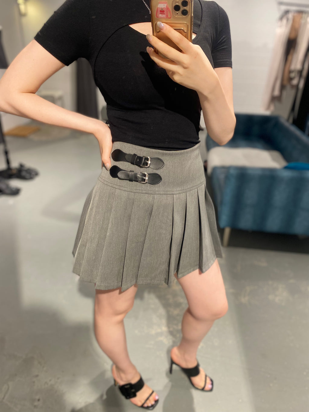 Double Buckle Pleated Skirt