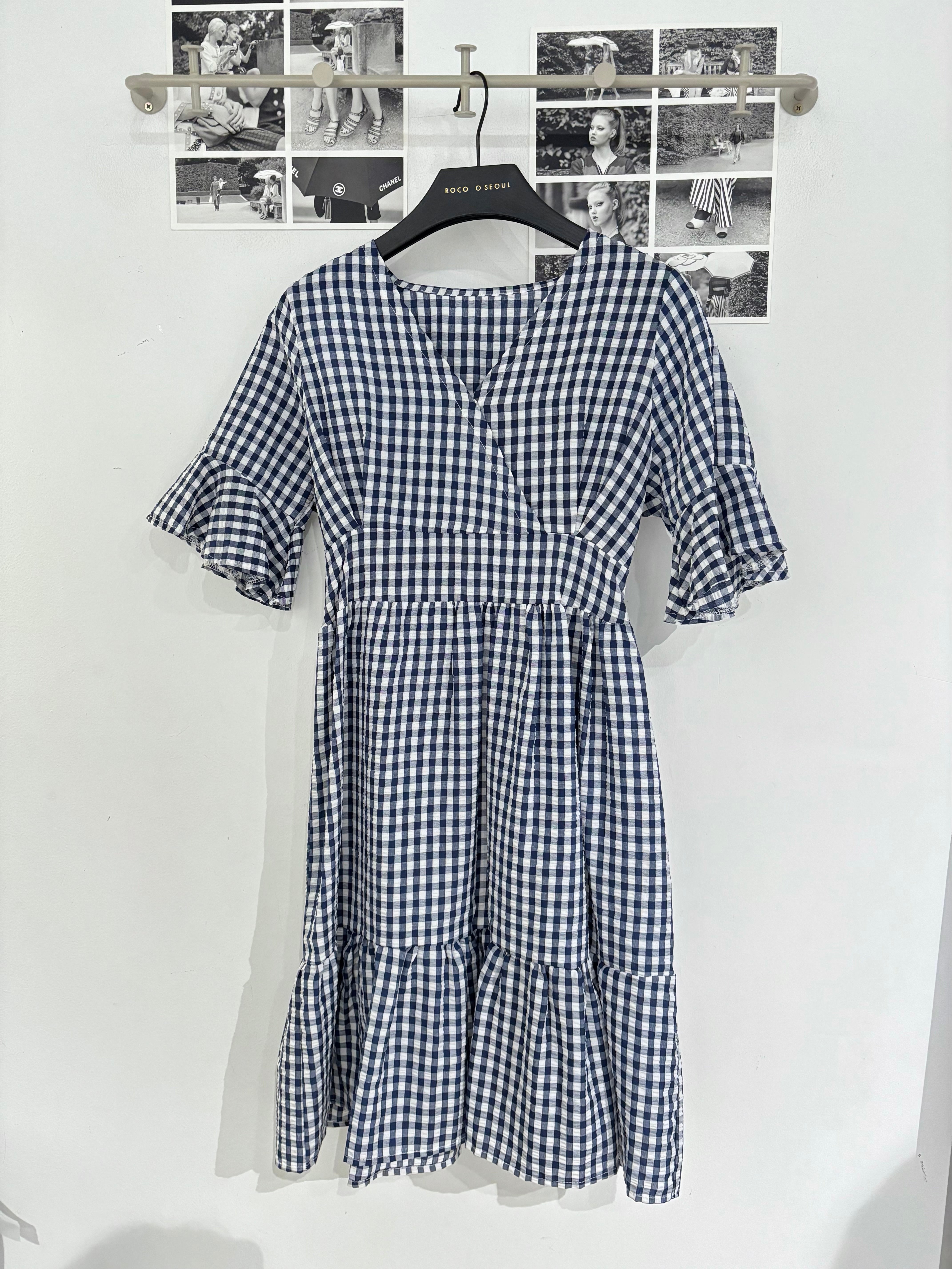 Gingham V-neck Ruffle DR