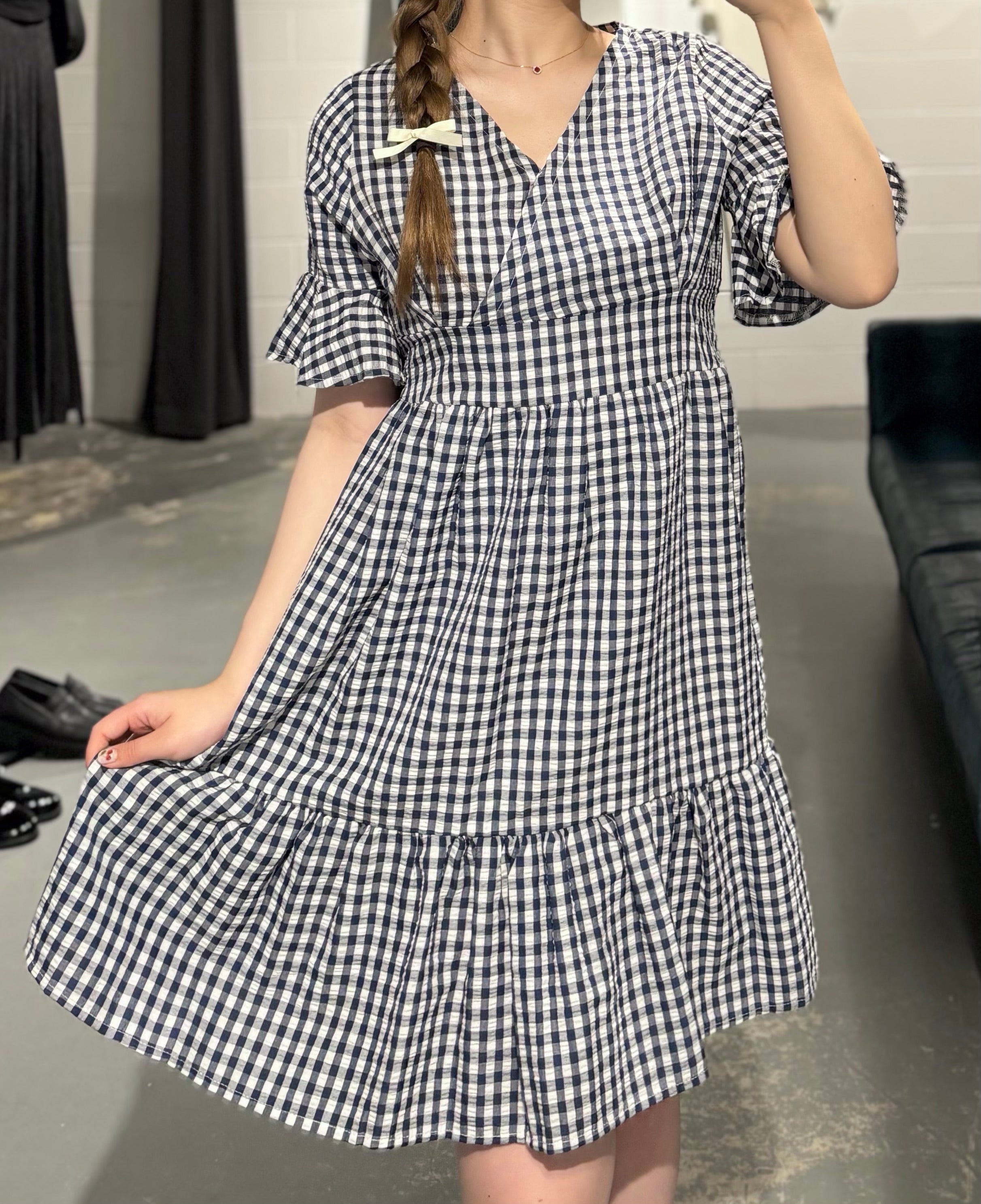 Gingham V-neck Ruffle DR