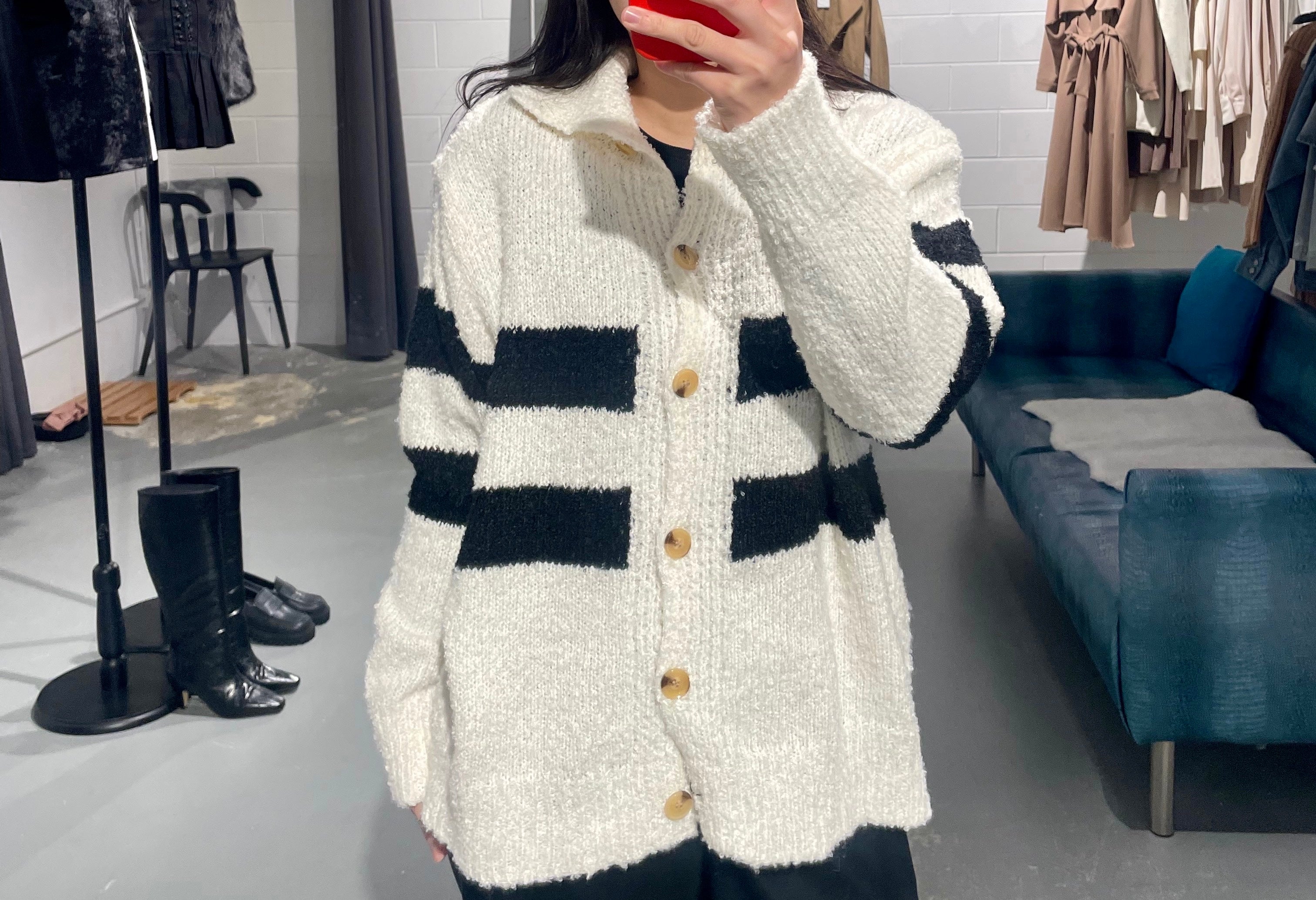 Long Collar Stripe Knit Cardigan