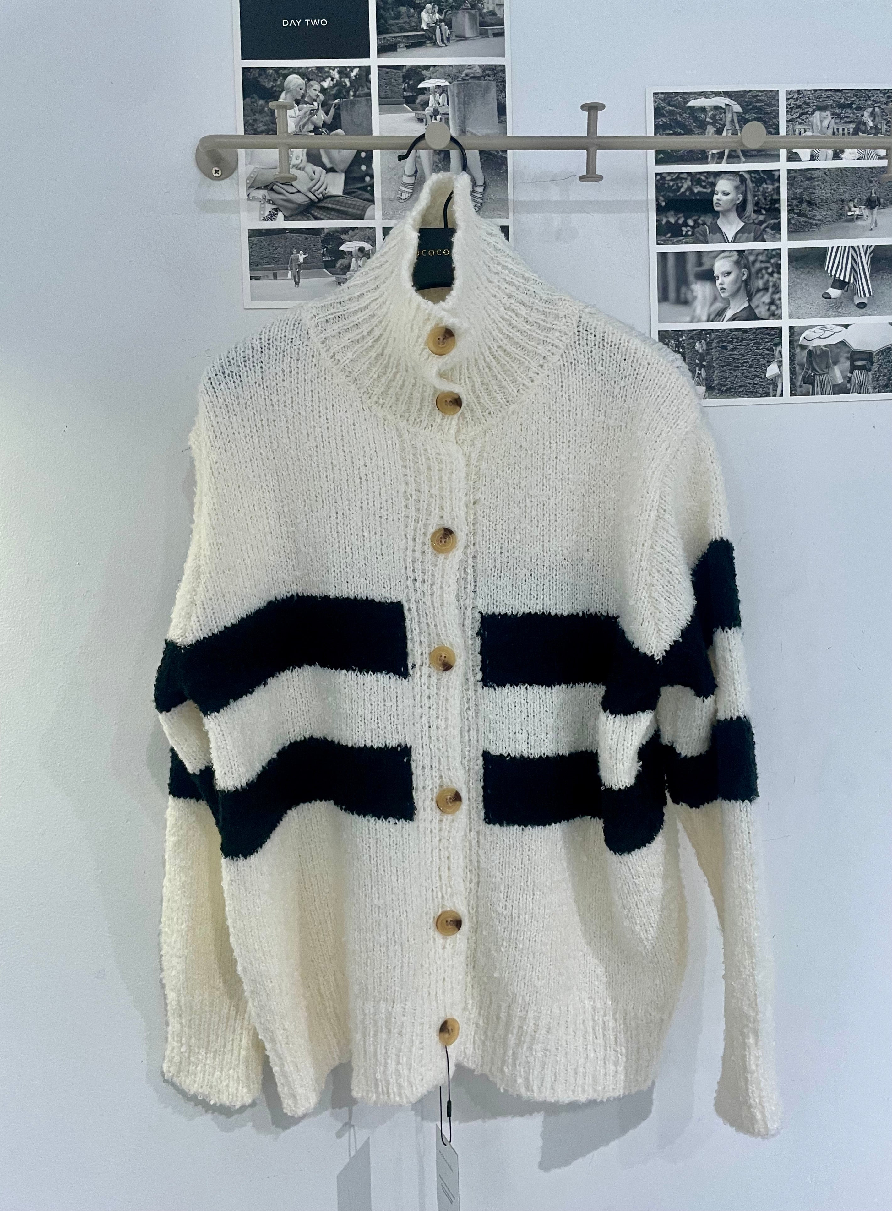 Long Collar Stripe Knit Cardigan