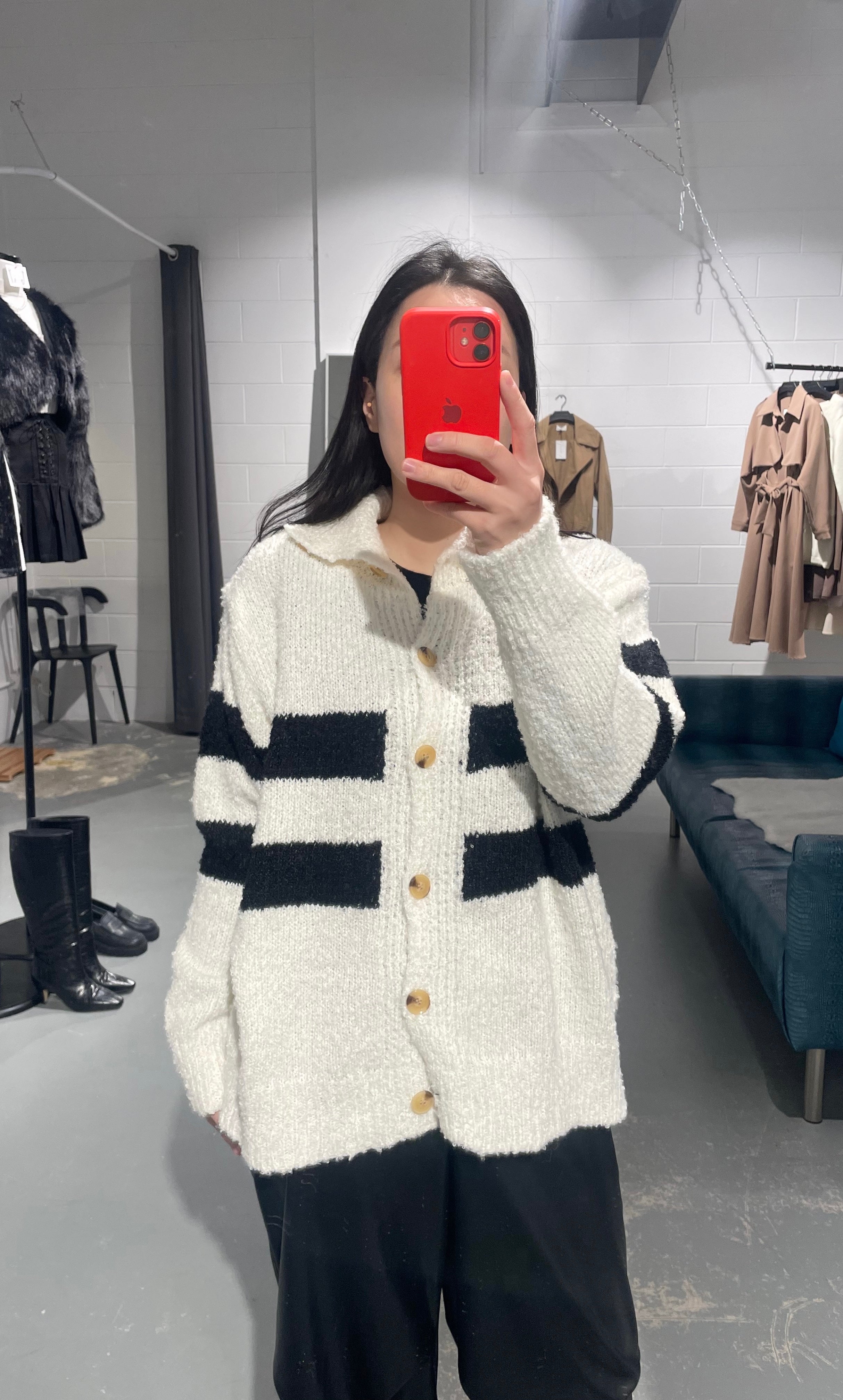 Long Collar Stripe Knit Cardigan