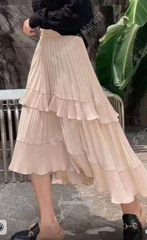 Frill Pleated Unbal Long Skirt