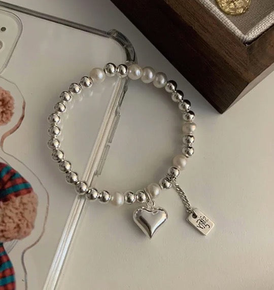 Pearl Heart Ball Bracelet (925 Silver)