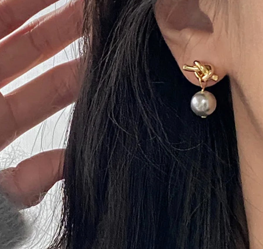 Grey Pearl Knot Drop Earrings (925 Silver Plated)