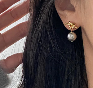 Grey Pearl Knot Drop Earrings (925 Silver Plated)