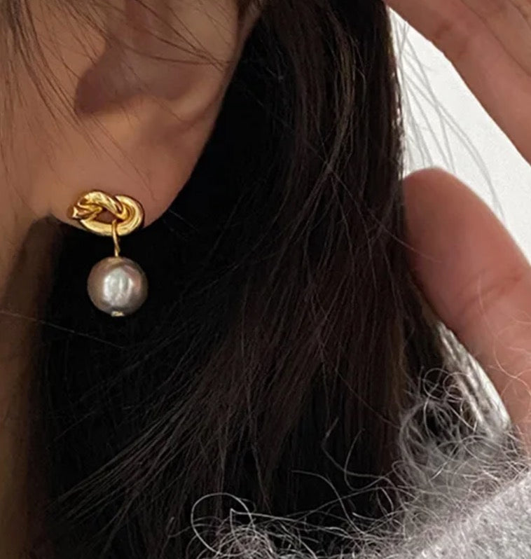 Grey Pearl Knot Drop Earrings (925 Silver Plated)