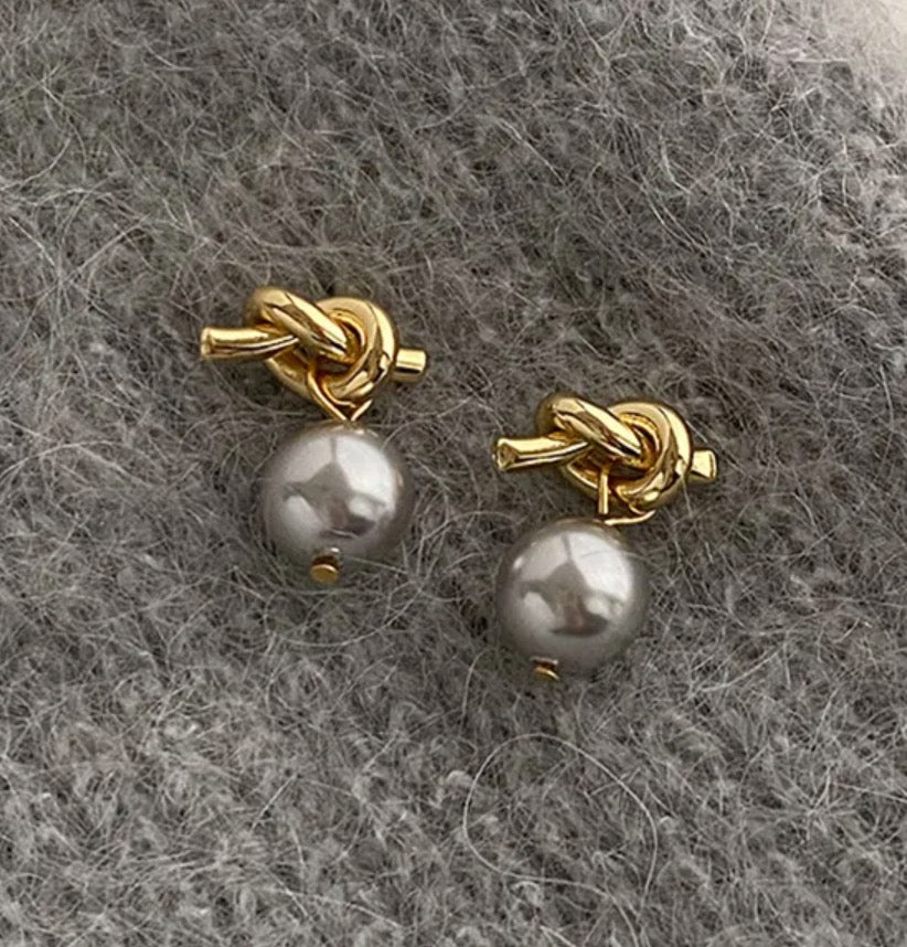 Grey Pearl Knot Drop Earrings (925 Silver Plated)