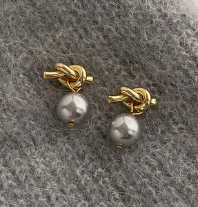 Grey Pearl Knot Drop Earrings (925 Silver Plated)