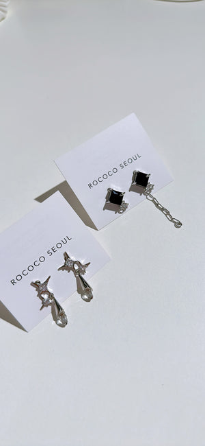 Onyx Chain Unbal Earrings (925 Silver)