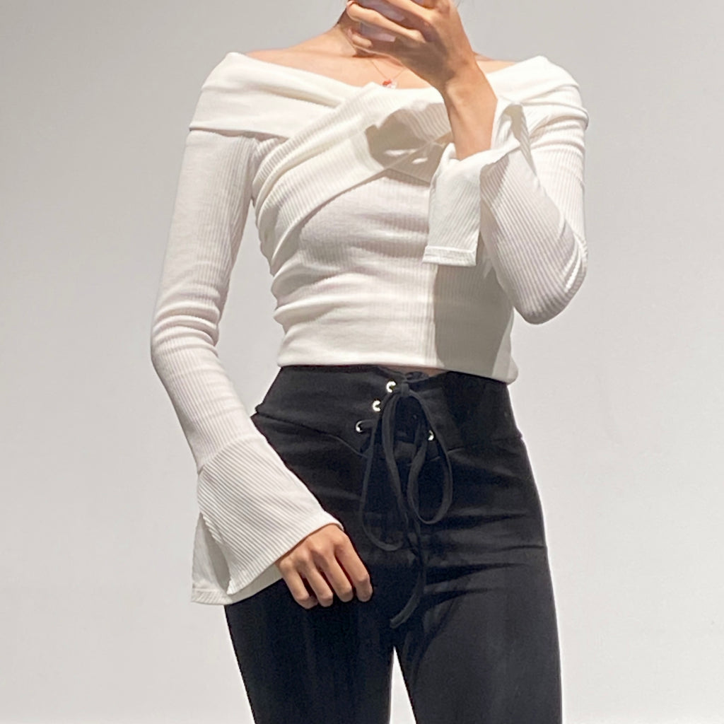 SUJIN Off-Shoulder Wrap Ribbed Top