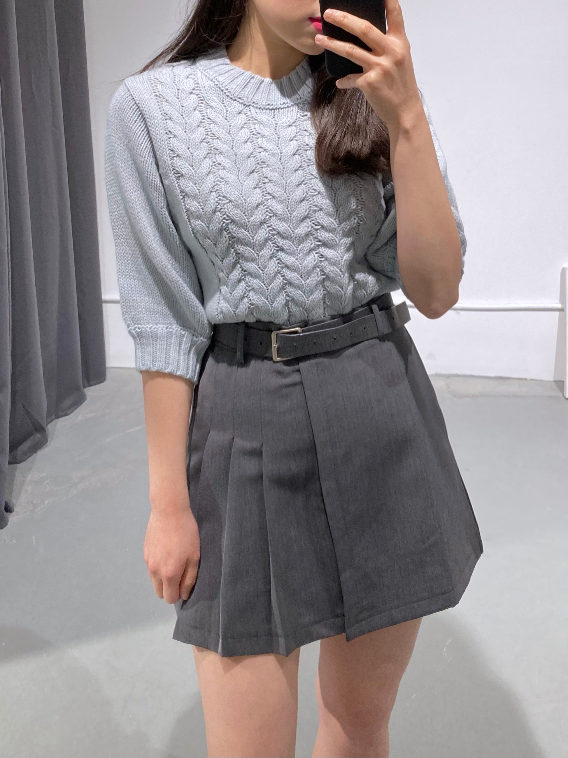 Belt Pleats Mini Skirt